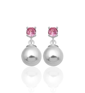 925 AYAR GÜMÜŞ 4 MM PEMBE ZİRKON TAŞ 8 MM BEYAZ KABUK İNCİ SAPLAMALI KÜPE