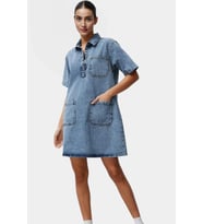Kadın Denim Gömlek Elbise Kısa Kollu Mini Boy Pamuk Günlük Mükemmel Uyum Konforlu Kesim (Mavi)
