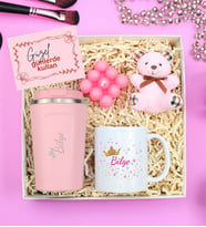 Kişiye Özel 350ML Pembe Renk Barbie Temalı Termos & Barbie Temalı Kupa & Pembe Bubble Mum & Pembe Ayıcık Anahtarlık Hediye Seti