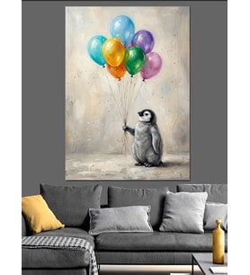 Balon Tutan Sevimli Küçük Penguen Dekoratif Kanvas - Mdf Ahşap Tablo