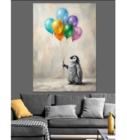 Balon Tutan Sevimli Küçük Penguen Dekoratif Kanvas - Mdf Ahşap Tablo