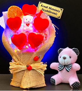 Kişiye Özel Tasarım Led Işıklı Buket ve Peluş Ayıcık Anahtarlık (Model 4)