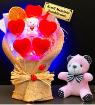 Kişiye Özel Tasarım Led Işıklı Buket ve Peluş Ayıcık Anahtarlık (Model 4)