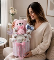 Kız Bebek Hoş Geldin Hediye Kutusu – Nazar Dualı Aynalı Peluş Ayıcık, Tavşan ve Peluşlu Yeni Doğan Bebek Hediyesi
