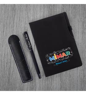 Kişiye Özel UV Baskılı Mimar Temalı Siyah Defter & Siyah Roller Kalem  Seti