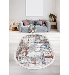 Dijidekor Halı Multi Cool KY7005 Saçaklı Oval Kaymaz Kesme İnce Yolluk Kilim Salon Halısı Modelleri (Mavi)