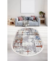 Dijidekor Halı Multi Cool KY7005 Saçaklı Oval Kaymaz Kesme İnce Yolluk Kilim Salon Halısı Modelleri (Mavi)
