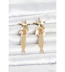 Deniz Yıldızı ve Balık Detaylı Krem Taşlı Gold Renk Kadın Küpe 5886 - HPSBYI7042-2314