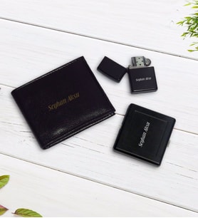 BK Gift Kişiye Özel Cüzdan&Çakmak&Sigara Tabakası Hediye Seti (Siyah)