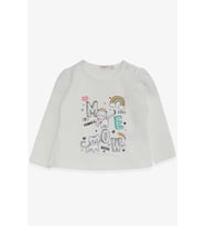 Breeze Kız Bebek Uzun Kollu Tişört Kedicik Baskılı 9 Ay-3 Yaş, Ekru