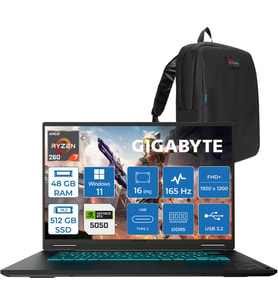 Gigabyte Gaming A16-3TH Amd Ryzen 7 260 48GB Ddr5 512GB SSD RTX5050 Gddr7 8gb Windows 11 Home Mux Switch 16" IPS Wuxga (1920X1200) 165HZ 300NİTS K3TR893SDH22 + Zetta Çanta