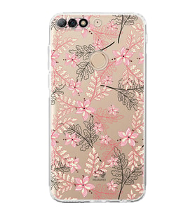 Huawei Y7 2018  Kamera korumalı Kapak Floral Kırmızı Tasarımlı  Şeffaf Kılıf