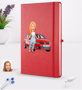 BK Gift Kişiye Özel Plakalı Kadın Volkswagen Polo Karikatürlü Kırmızı Termo Deri Defter 16x24cm Model 2