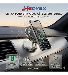 Hedyex UN-164 Manyetik Araç İçi Telefon Tutucu MagSafe Uyumlu Metal Gümüş