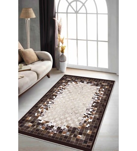 Kahverengi Deri Görünümlü Kaymaz Taban Dekoratif Halı RV246 - 100 x 160 cm