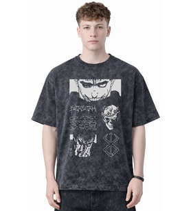 Tasarım Berserk Guts Anime Baskılı Unisex Oversize Eskitme Yıkamalı Tişört