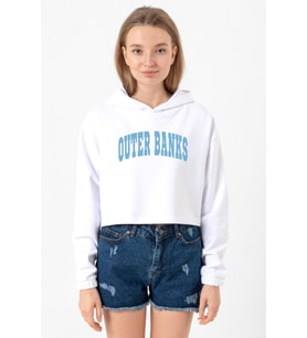 Outer Banks Lettern Beyaz Optik Kadın Crop Kapşonlu (A.Beyaz)