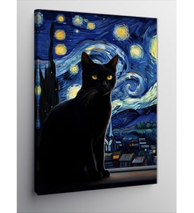 Kanvas Tablo Yıldızlı Gece Ve Siyah Kedi