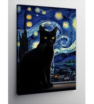 Kanvas Tablo Yıldızlı Gece Ve Siyah Kedi