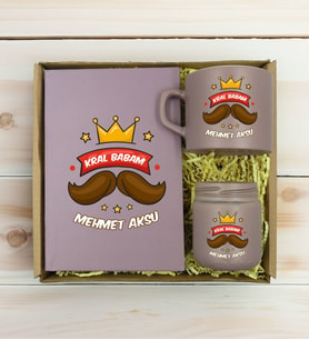BK Gift Kişiye Özel İsimli DTF Baba Temalı Mat Gri Defter & Kahve Fincanı & Mum Hediye Seti-3, Babaya Hediye, Babalar Günü Hediyeleri