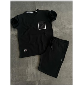 Cep detaylı tshirt & şort yan cepli kordon ayarlamalı ter tutmayan mevsimlik takım (Siyah)