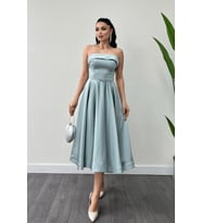 Saten Kumaş Sırt İp Detaylı Midi Elbise - MİNT YEŞİLİ