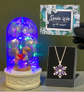 Renkli Led Işıklı Fanus ve Gerçek Ametist Taşlı Lotus Kolye Hediye Seti (Model 5)