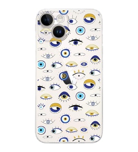 PrintiFy iPhone 14 ile Uyumlu Nazar Boncuğu 2 Baskılı Kamera Korumalı Şeffaf Silikon Kılıf