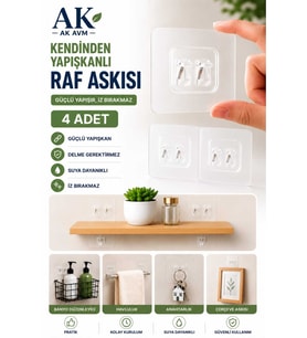 4 Adet Güçlü Yapışkanlı Raf ve Çerçeve Askısı 7x7 cm