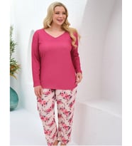 Baha Perfect Club Kadın Büyük Beden V Yaka Uzun Kol Pijama Takımı 4378- 1 Adet (Fuşya)