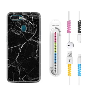Oppo A5S A15 A16 A54 A55 A73 A74 Kılıf Kablo Koruma Spiral Silikon Fragile Black Mermer 1378