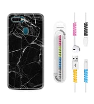 Oppo A5S A15 A16 A54 A55 A73 A74 Kılıf Kablo Koruma Spiral Silikon Fragile Black Mermer 1378