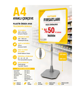 A4 Ayaklı Fiyat Etiketlik Teleskopik Borulu Çerçeve Etiketlik Yönlendirme Levhası Menü Panosu Sarı