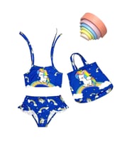 Kız Çocuk karakter Baskılı Eteği Fırfırlı- ip bağlamalı ÇANTA Mayo Bikini 3 lü Takım (Sax)