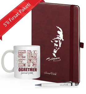 Kişiye Özel UV Baskılı 5 li Öğretmenler Günü Temalı Atatürk Siluletli  Defter & Beyaz  Kalem ve En İyi Öğretmen  Kupa Seti