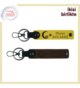 Vatan Temalı Aşk Hediyesi Çocuk Ve Ayyıldız, İsim Yazılı Deri Anahtarlık x2' li Set, Sarı-Kahve