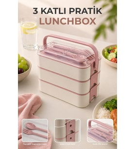 3 Katlı Bölmeli Kilitli Lunchbox Taşıma Saplı Kaşık Çatal