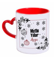 Biresimden Mutlu Yıllar İsimli Yılbaşı Hediyesi Kalp Kulplu Kupa Bardak (Beyaz - Kırmızı)