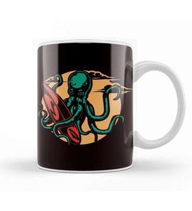 Octopus Surfer Surfing Surfboard Wave Ocean Water Sports Kupa Bardak Porselen
