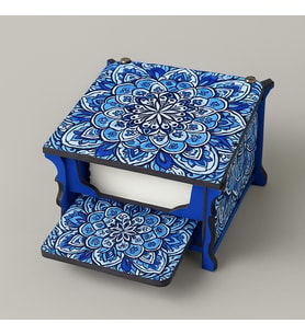 Mandala Motifli Nihaleli Ahşap Peçetelik (Mavi-Siyah)