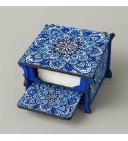 Mandala Motifli Nihaleli Ahşap Peçetelik (Mavi-Siyah)