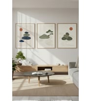 Zen Taşları ve Bonsai 3’lü İskandinav Ahşap Çerçeveli Tablo Seti