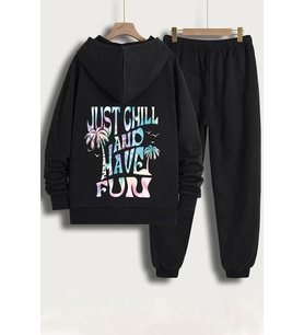 Unisex just chill and have fun Baskılı Eşofman Takımı (Siyah)