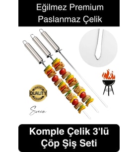 3 Adet 40 cm Premium Paslanmaz Çelik Saplı Izgara Şişleri Et Tavuk Barbekü Kebap Mangal Adana Urfa