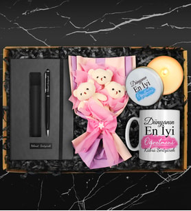 Öğretmenler Gününe Özel Tasarım Kupa & Peluş Ayıcık Buketi & Defter & Deri Kılıflı Touch Pen Kalem & Özel Tasarım Mum Hediye Seti
