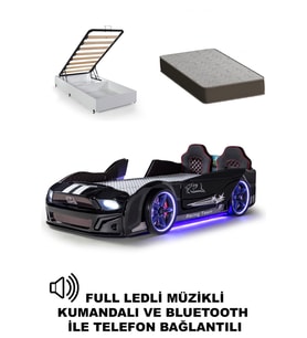Bazalı Arabalı Yatak Siyah Kapıları Açılan Mustang Full Ledli Kumandalı ve Müzikli + Ortopedik Yatak