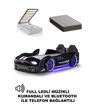 Bazalı Arabalı Yatak Siyah Kapıları Açılan Mustang Full Ledli Kumandalı ve Müzikli + Ortopedik Yatak