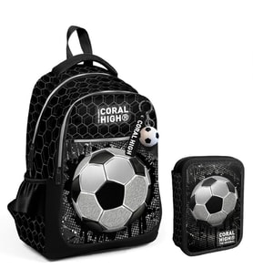 Coral High Siyah Beyaz Futbol Baskılı Erkek Çocuk Okul Çantası ve Organizer Kalemlik Seti 23653+11153 (Çok Renkli)