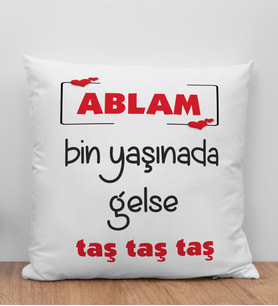 BK Gift Ablam Bin Yaşınada Gelse Taş Tasarımlı Beyaz Kırlent Yastık, Ev Hediyesi, Doğum Günü Hediyesi