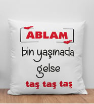 BK Gift Ablam Bin Yaşınada Gelse Taş Tasarımlı Beyaz Kırlent Yastık, Ev Hediyesi, Doğum Günü Hediyesi